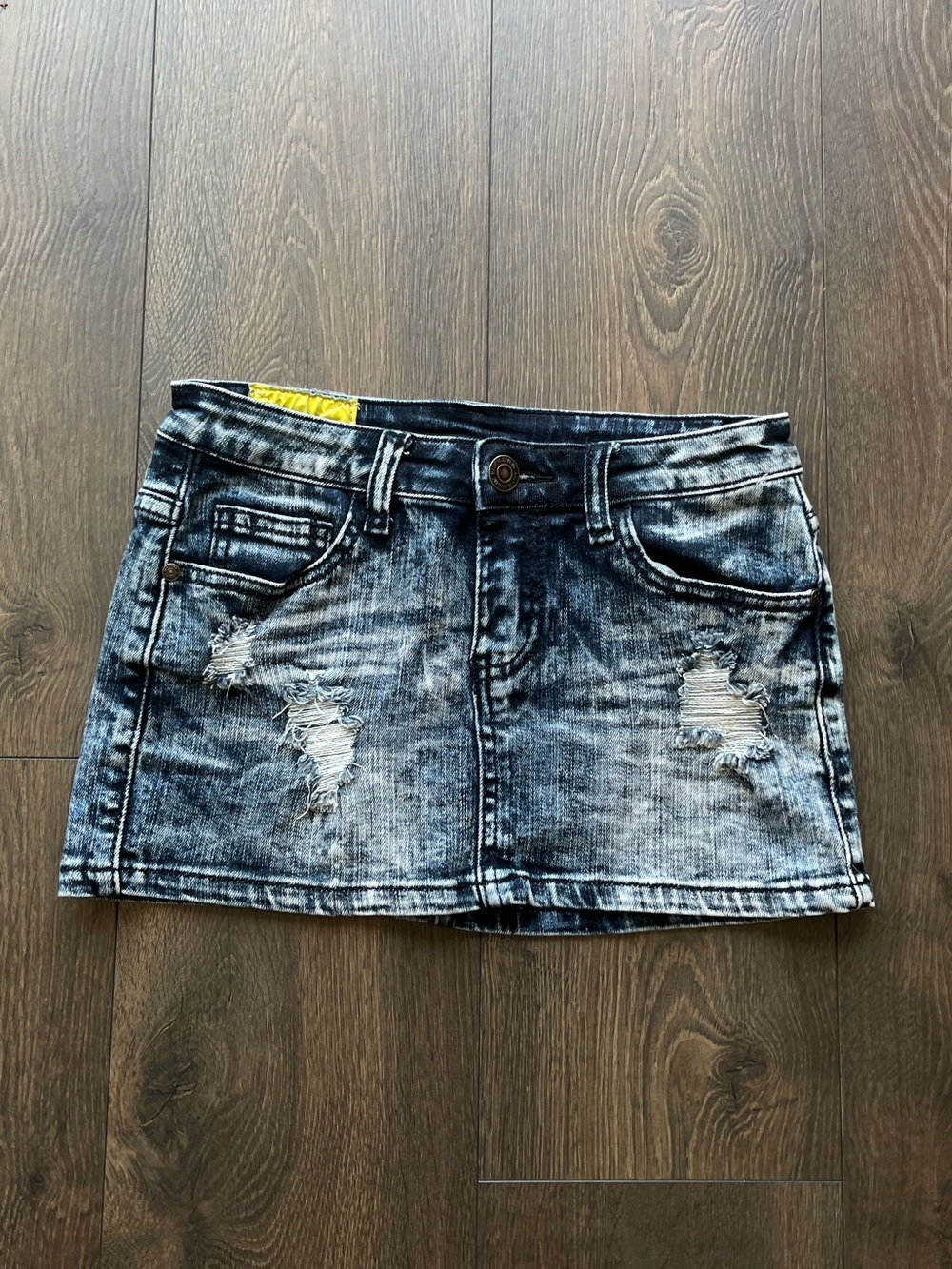 Machine Distressed Acid-Wash Denim Mini Skirt